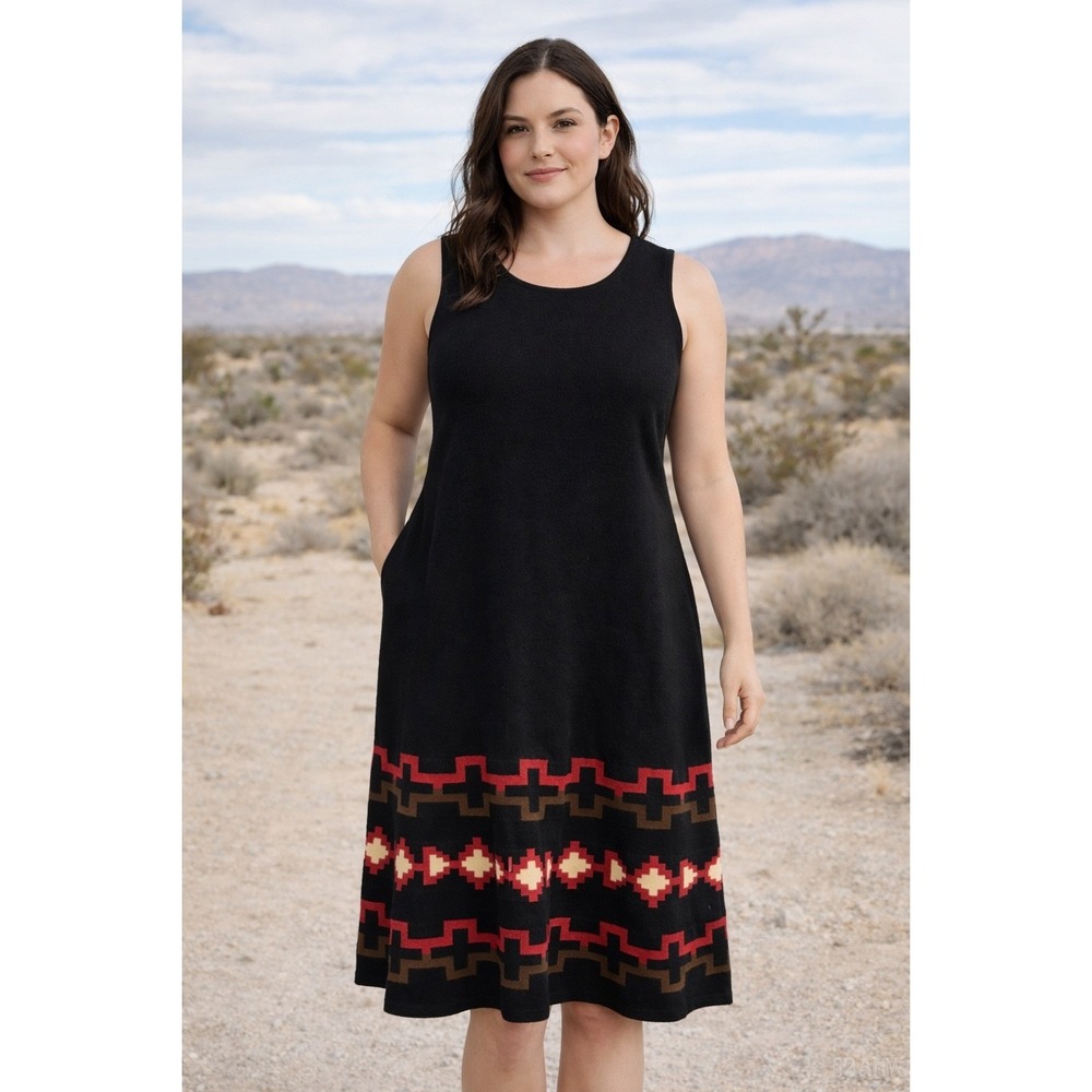Lauren Ralph Lauren Womens Black 100% Merino Sweater Dress L Wool‎ Southwestern